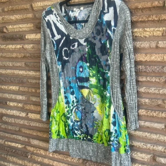 Elysee 26 Bold Green Blue Gray Print Hooded Long Sleeve Sweater Size Large - Picture 8 of 10